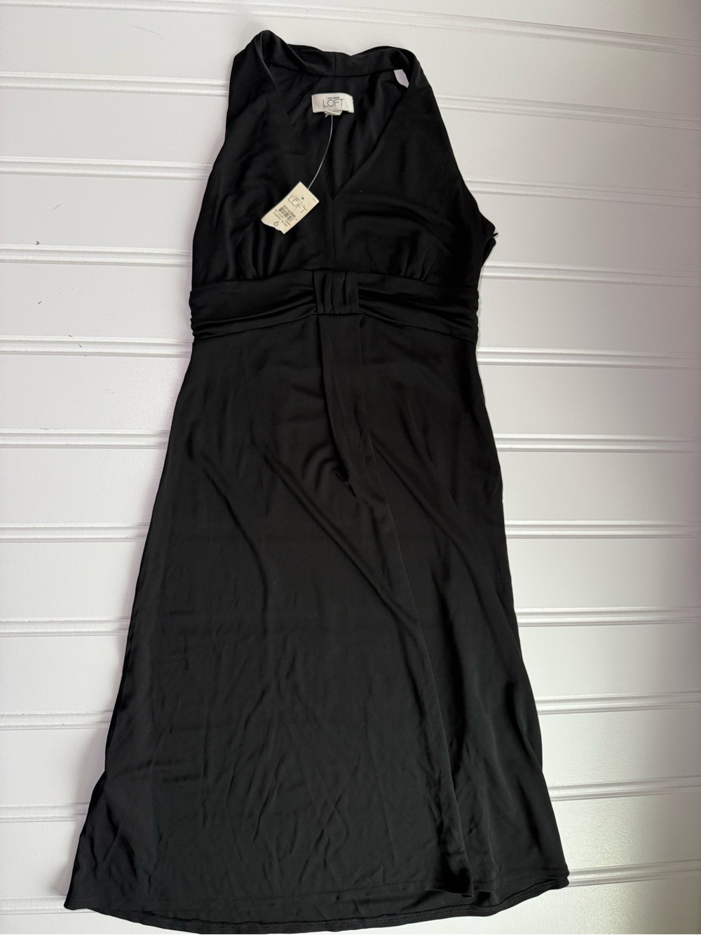 LOFT Ann Taylor Black Dress Sleeveless V-Neck Knotted Waist  Midi Dress 6 NEW